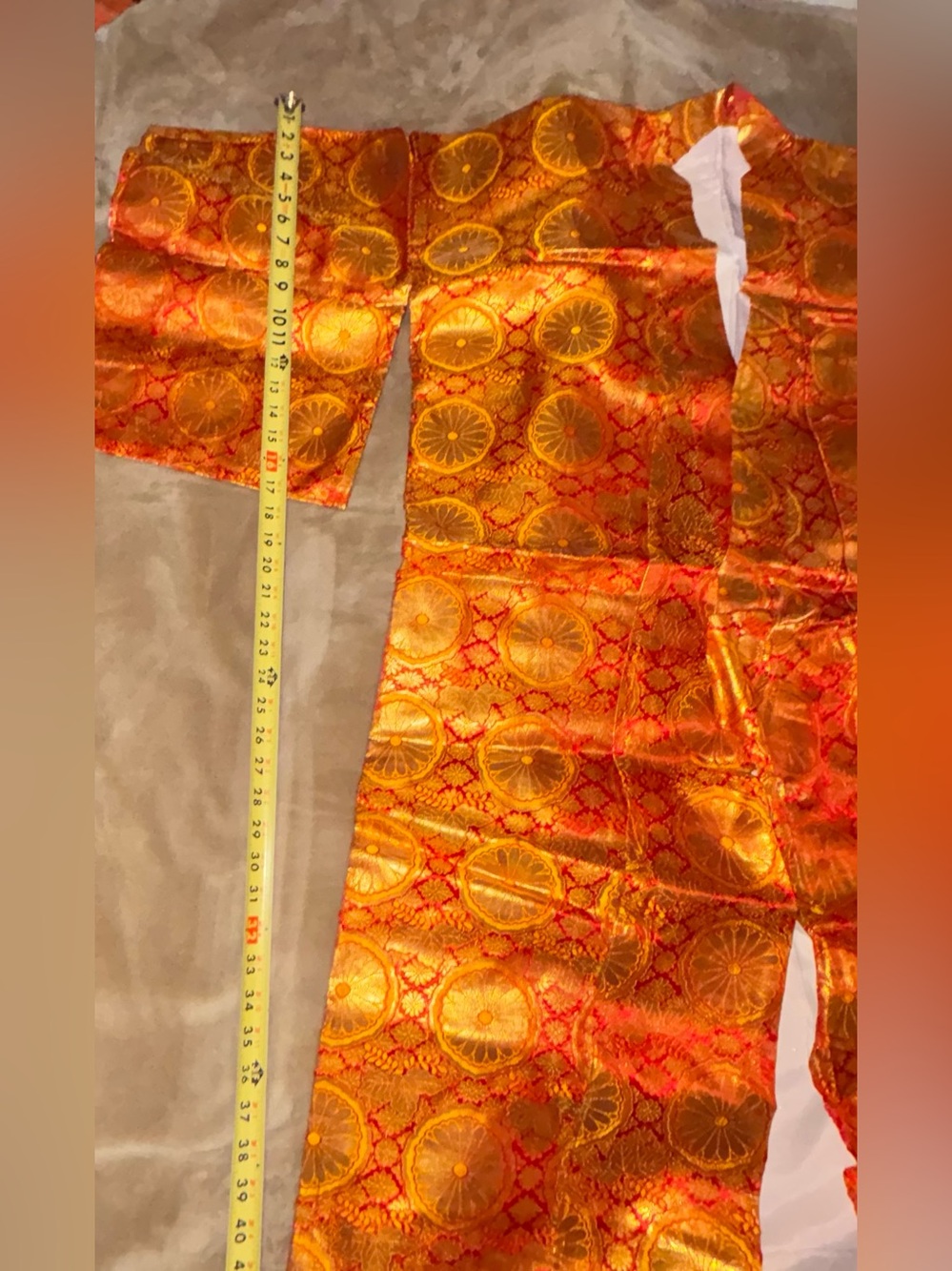 Vintage Japanese Silk Brocade Kimono Robe Large Metallic Orange & Gold Pattern - Picture 9 of 15